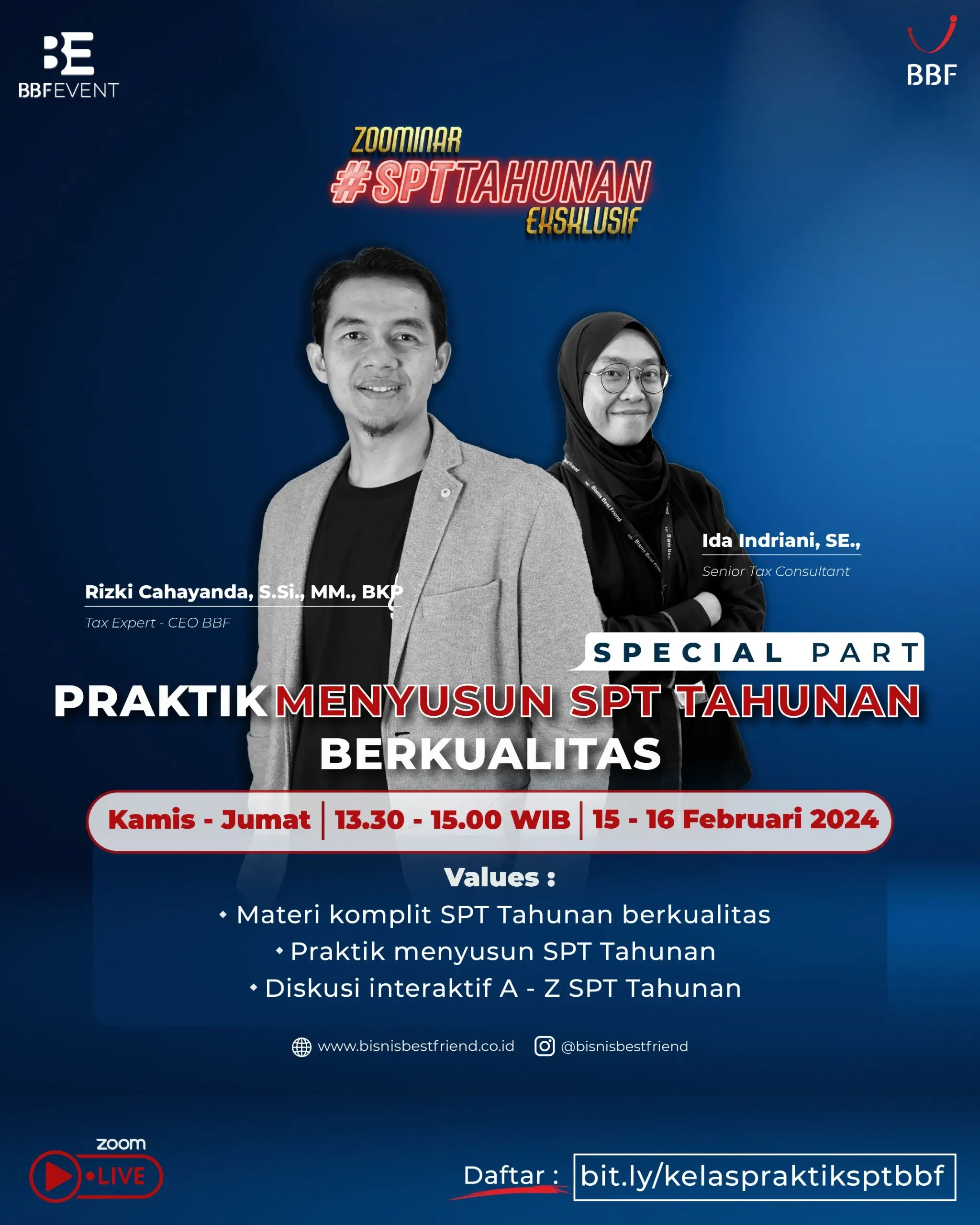 Kelas online premium praktik penyusunan SPT berstrategi dan berkualitas sehingga pengusaha UMKM bisa terhindar dari masalah perpajakan. 15-16 Februari 2024
